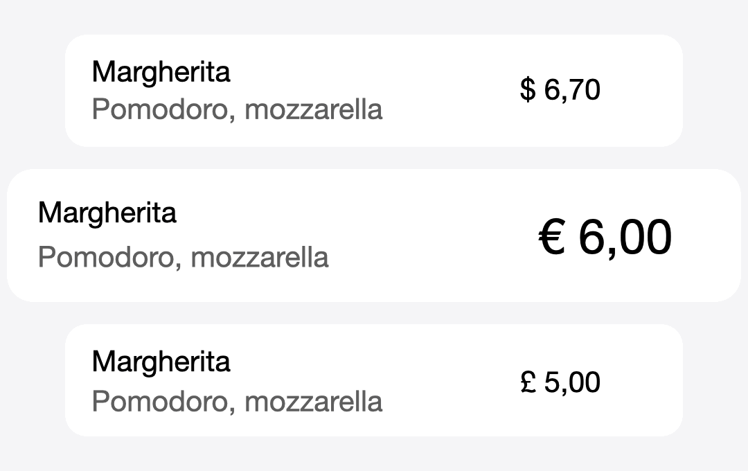 Visualizzazione dei prezzi del menu in un’altra valuta