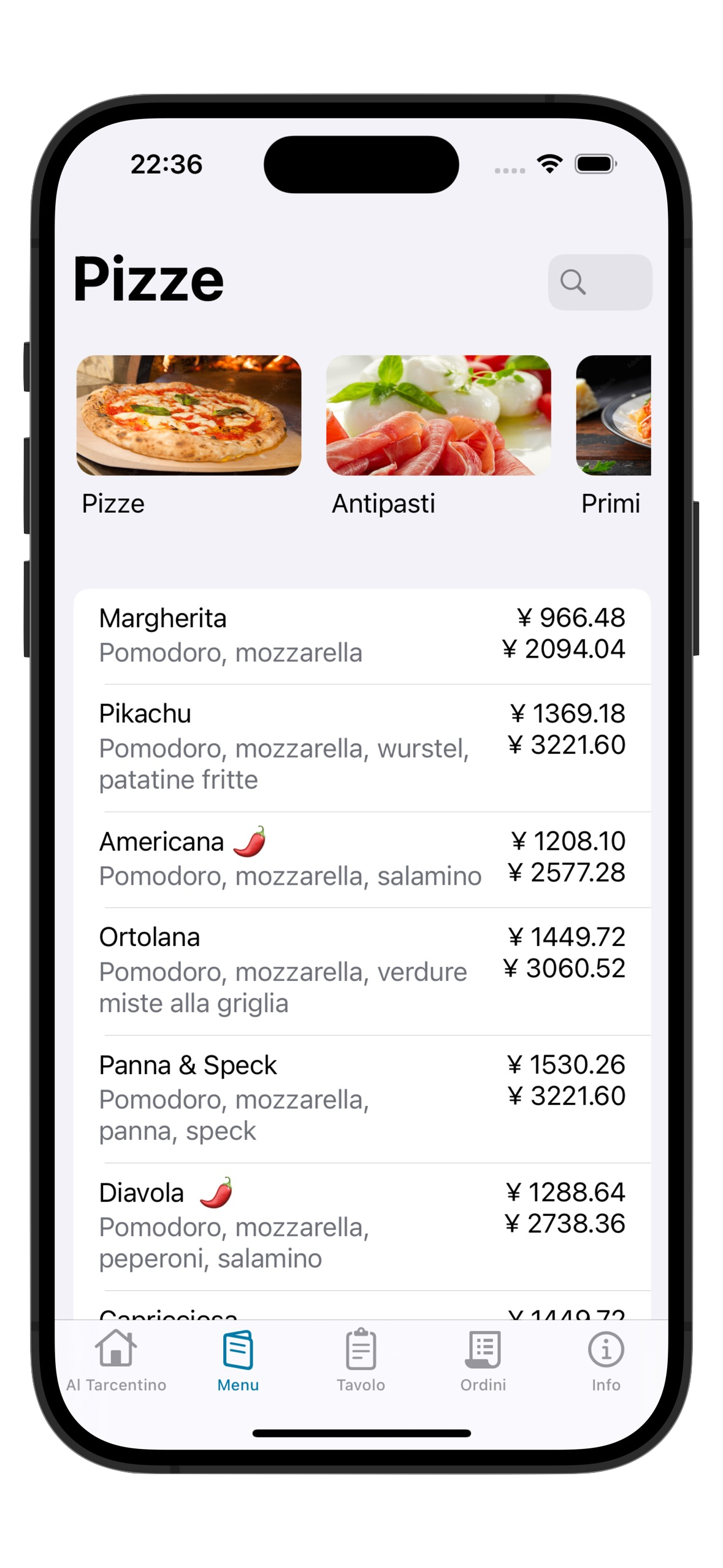 I prezzi del menu visualizzati in yen