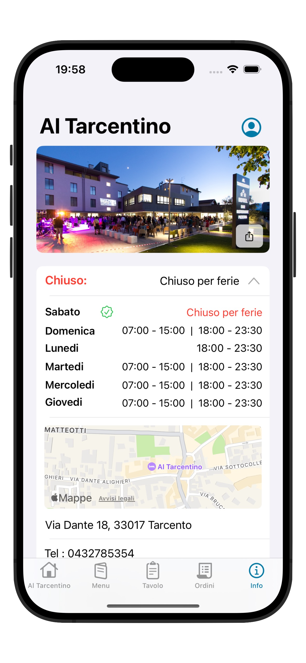 Avviso di chiusura per ferie visibile nella scheda del ristorante