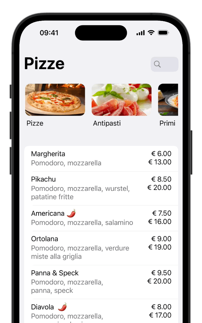 Esempio di ricerca di un ingrediente nel menu digitale