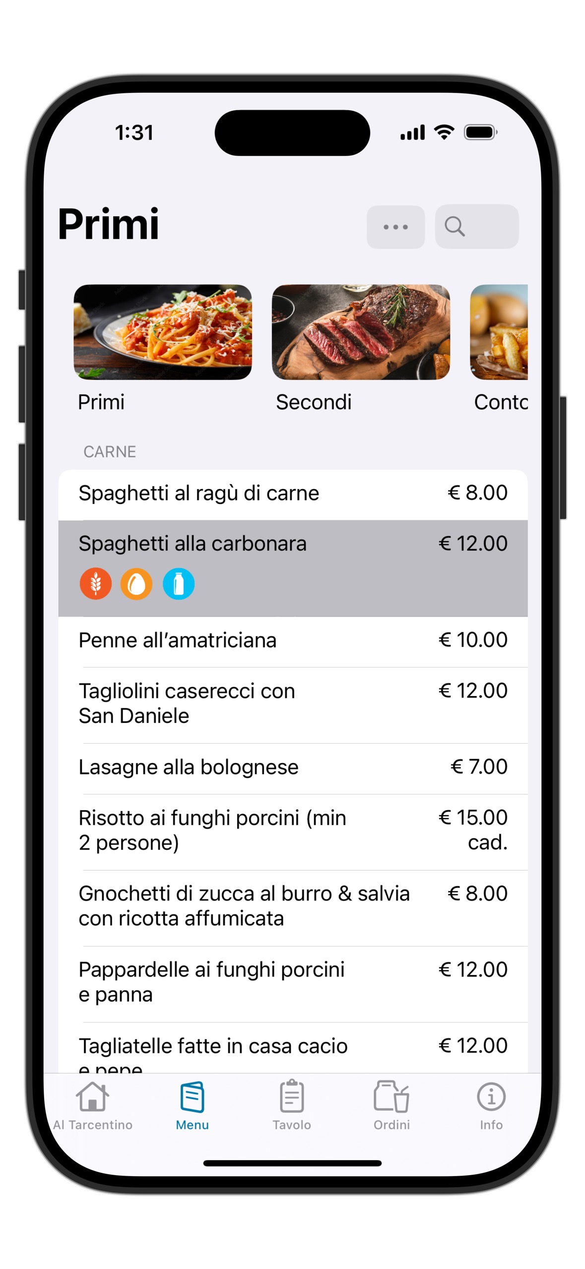 Esempio di menu digitale con foto dei piatti, ingredienti e icone degli allergeni