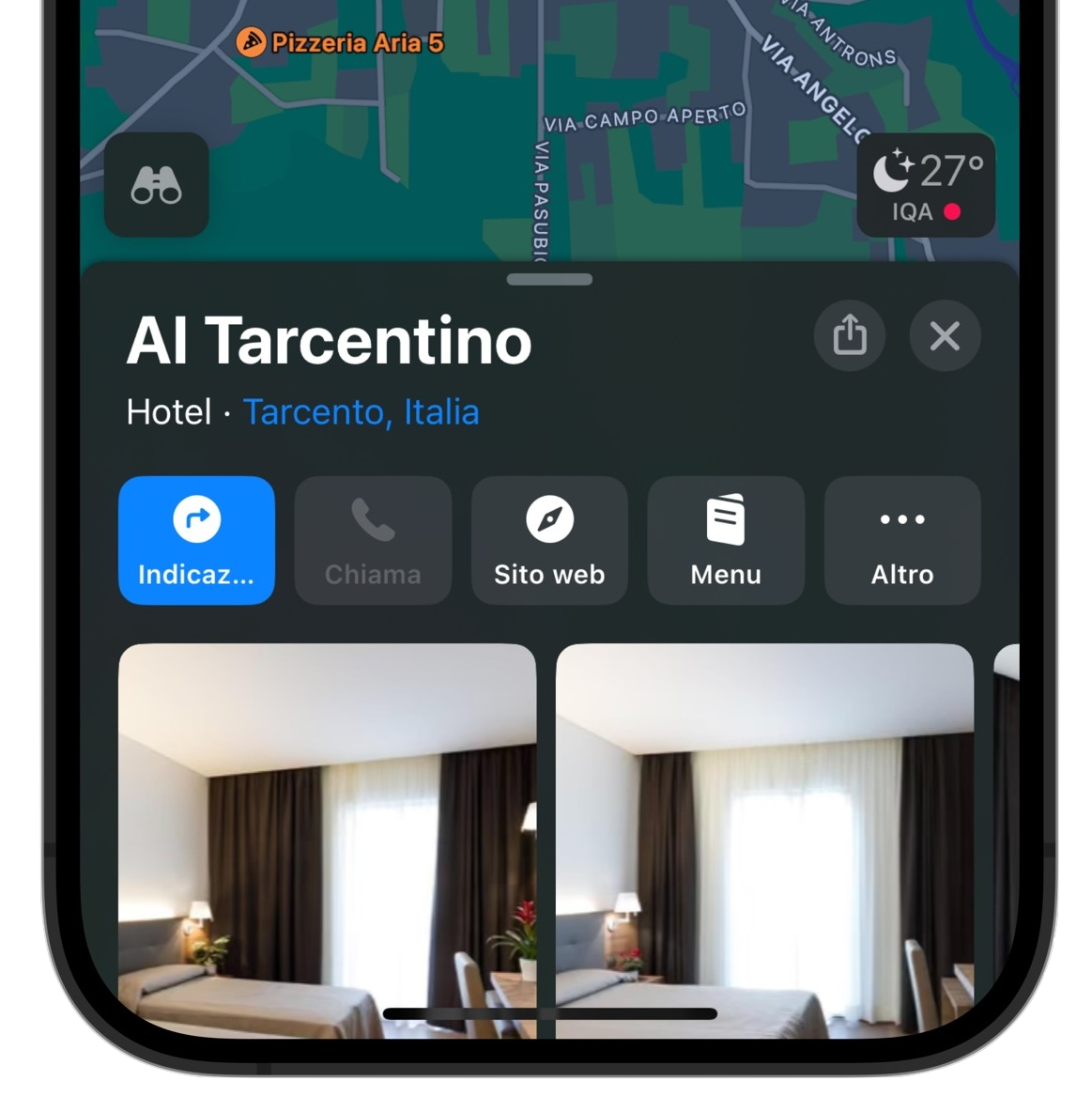 Scheda del ristorante in Mappe con il pulsante per aprire il menu