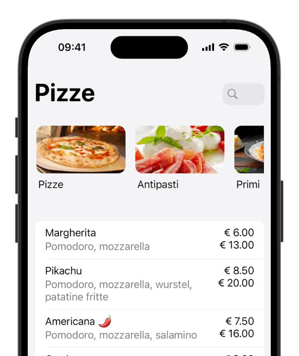 Esempio di categorie e piatti con immagini nel menu