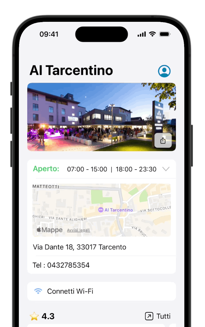 Esempio della scheda del locale con informazioni e connessione Wi-Fi